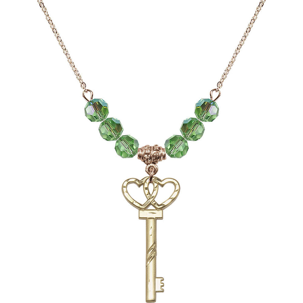 14kt Gold Filled Small Key w/Double Hearts Birthstone Necklace with Peridot Beads - 6213