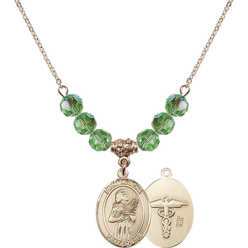 14kt Gold Filled Saint Agatha / Nurse Birthstone Necklace with Peridot Beads - 8003