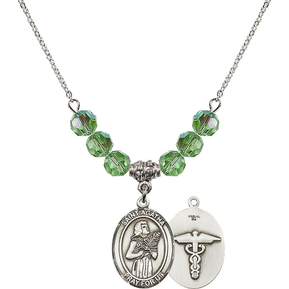 Sterling Silver Saint Agatha / Nurse Birthstone Necklace with Peridot Beads - 8003