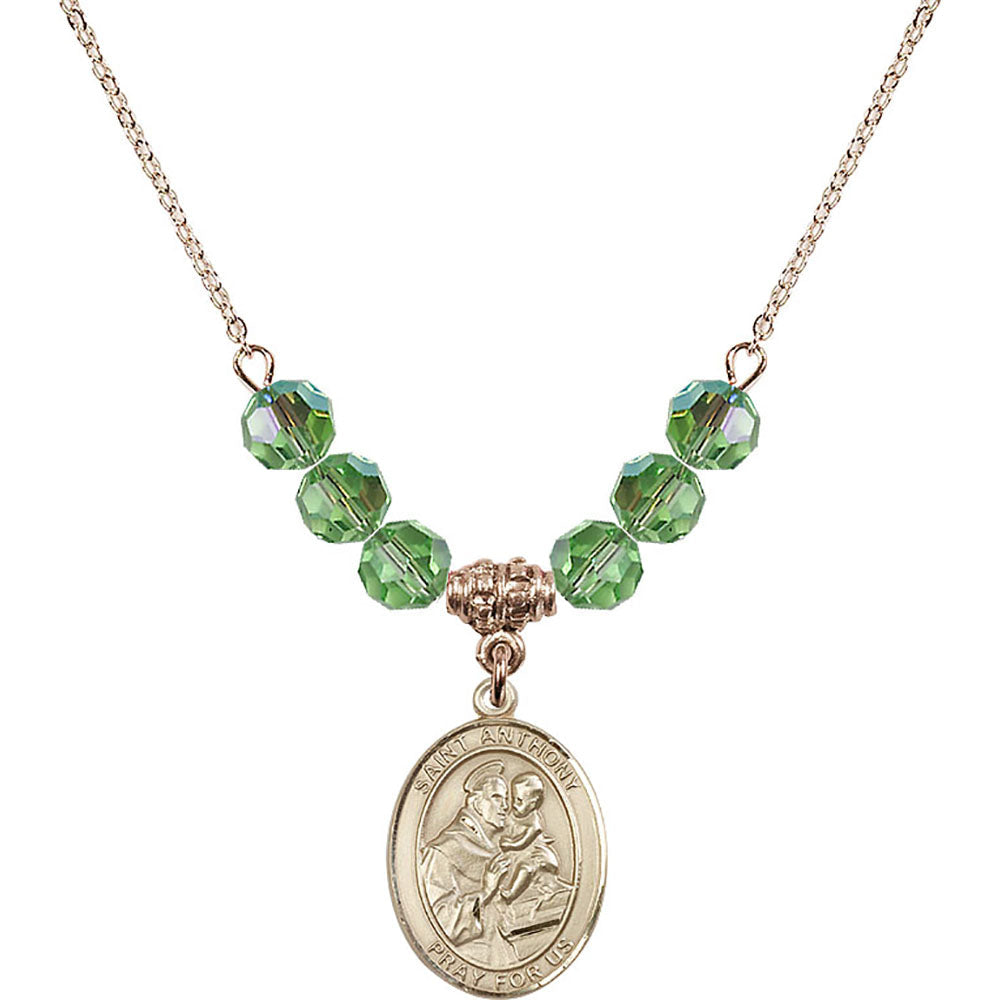 14kt Gold Filled Saint Anthony of Padua Birthstone Necklace with Peridot Beads - 8004