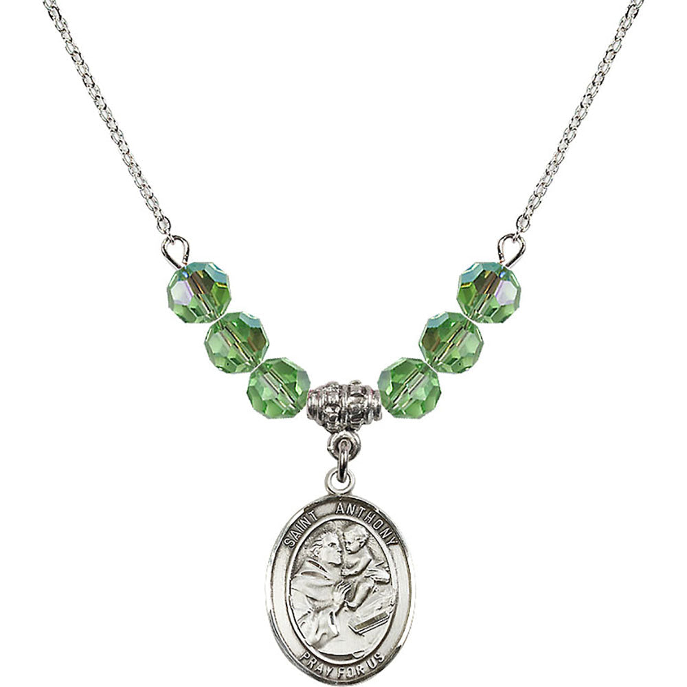 Sterling Silver Saint Anthony of Padua Birthstone Necklace with Peridot Beads - 8004