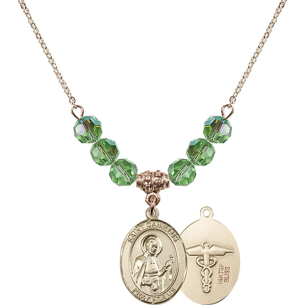 14kt Gold Filled Saint Camillus of Lellis / Nurse Birthstone Necklace with Peridot Beads - 8019