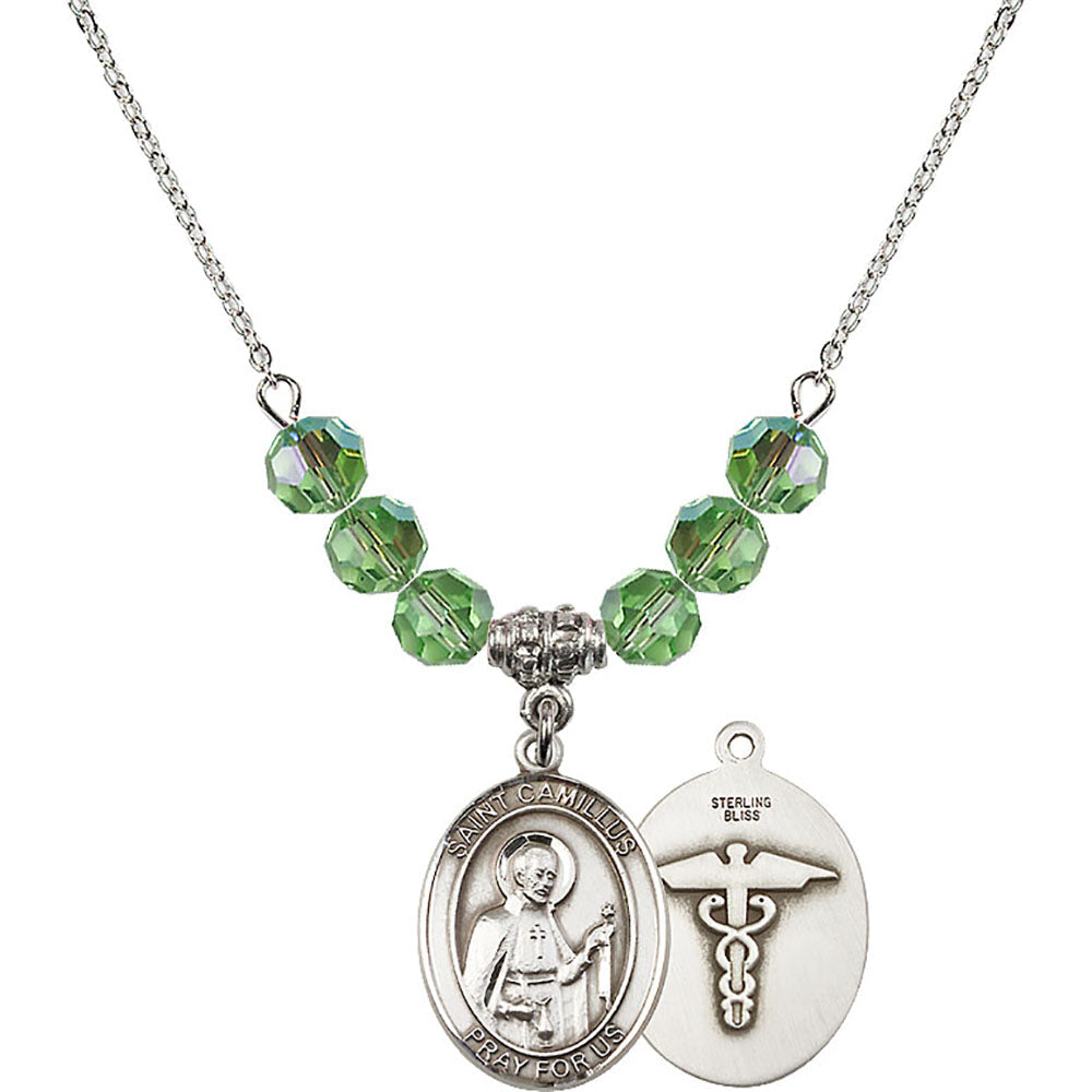 Sterling Silver Saint Camillus of Lellis / Nurse Birthstone Necklace with Peridot Beads - 8019
