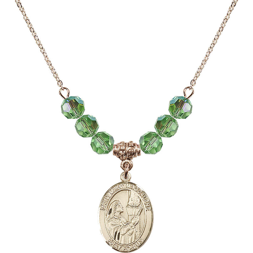 14kt Gold Filled Saint Mary Magdalene Birthstone Necklace with Peridot Beads - 8071