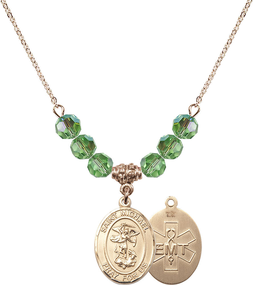 14kt Gold Filled Saint Michael / EMT Birthstone Necklace with Peridot Beads - 8076