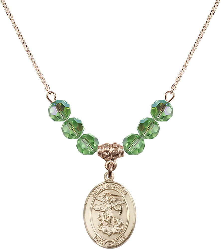 14kt Gold Filled Saint Michael the Archangel Birthstone Necklace with Peridot Beads - 8076