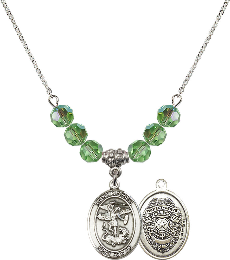Sterling Silver Saint Michael / Policeman Birthstone Necklace with Peridot Beads - 8076