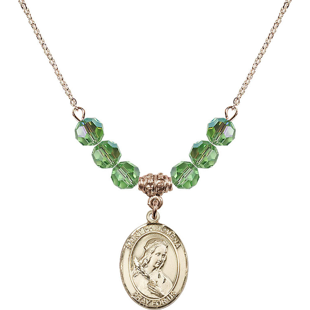 14kt Gold Filled Saint Philomena Birthstone Necklace with Peridot Beads - 8077