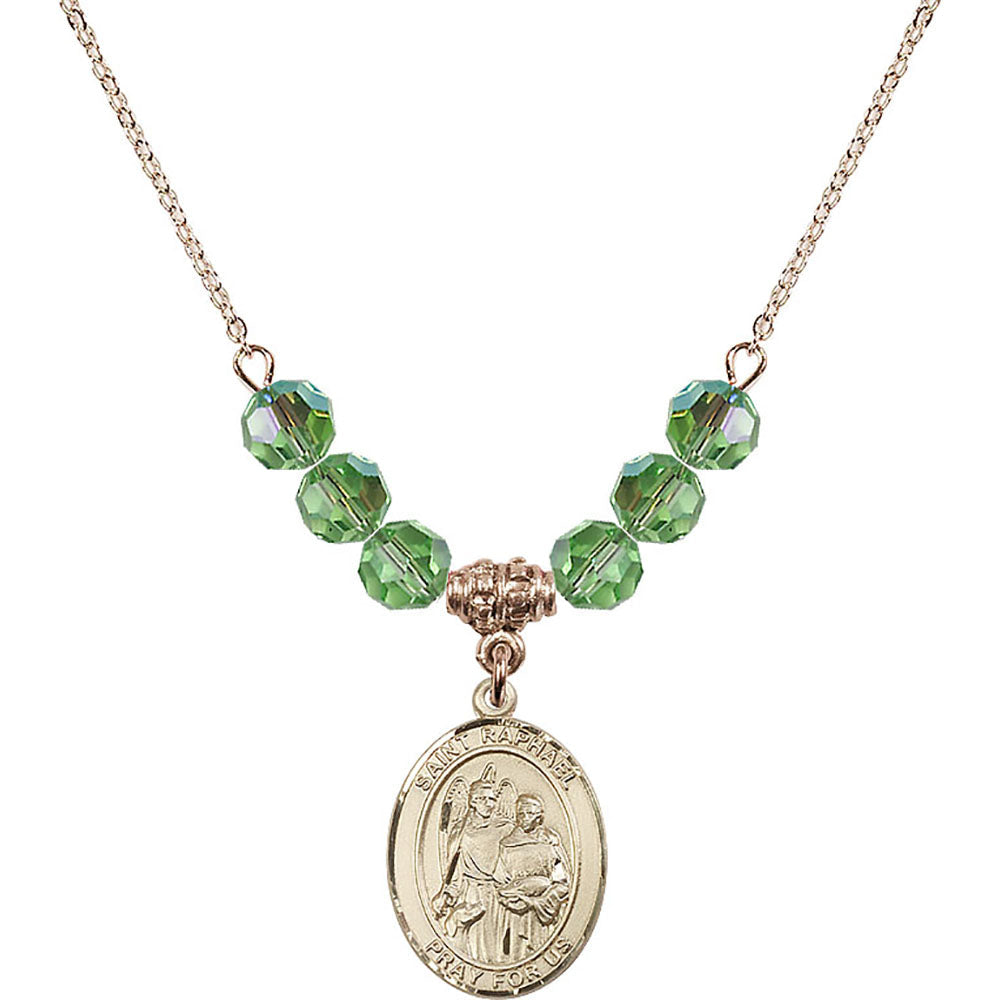 14kt Gold Filled Saint Raphael the Archangel Birthstone Necklace with Peridot Beads - 8092