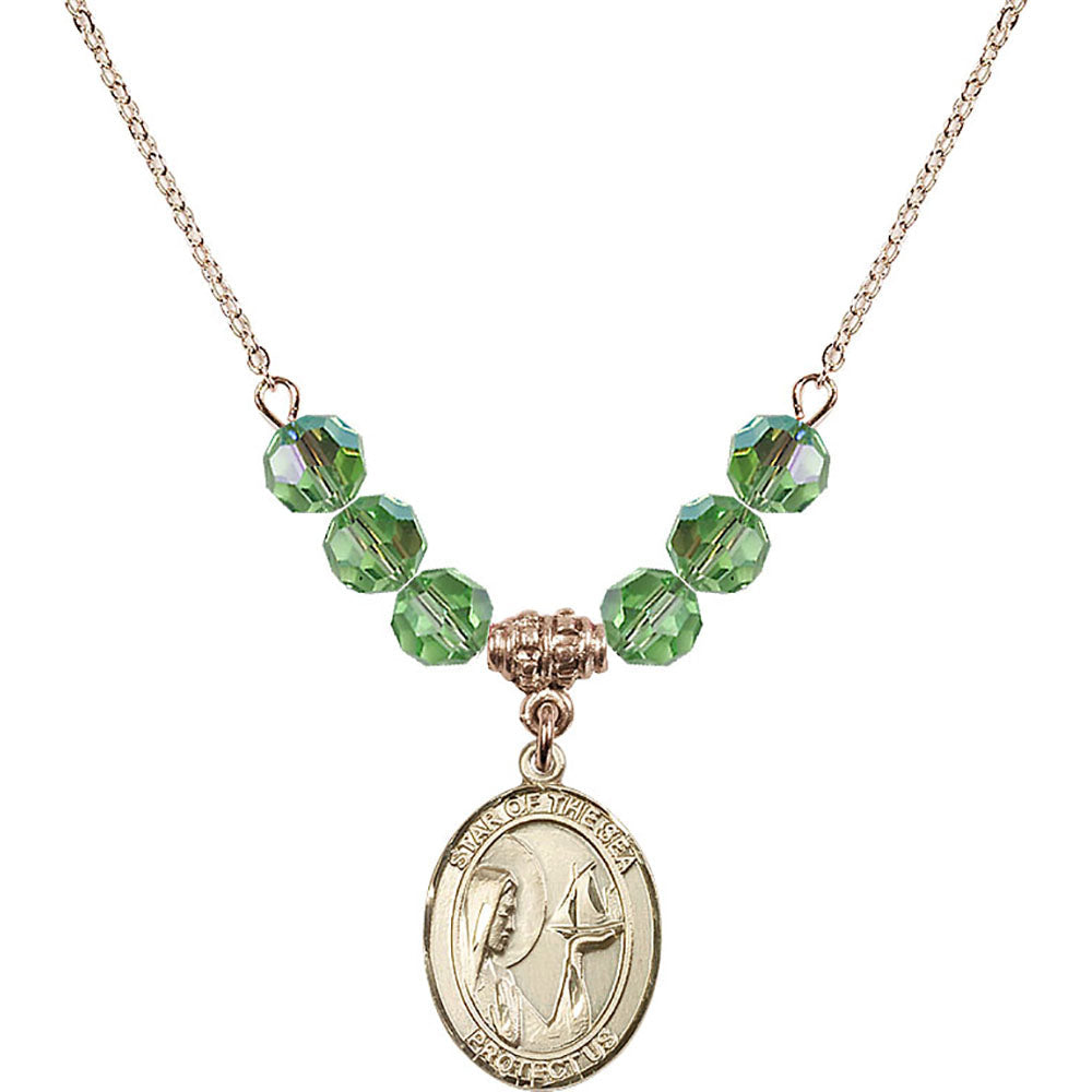 14kt Gold Filled Our Lady Star of the Sea Birthstone Necklace with Peridot Beads - 8101