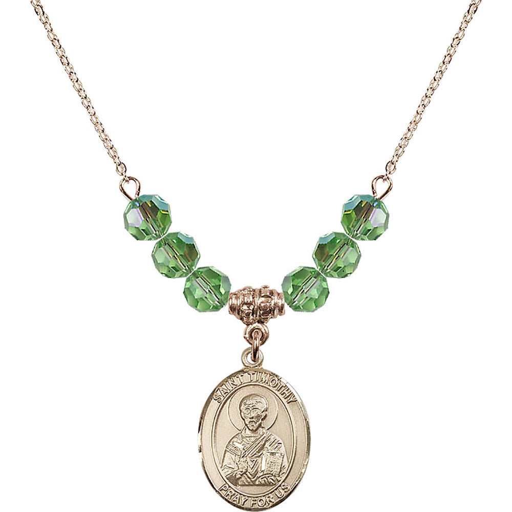 14kt Gold Filled Saint Timothy Birthstone Necklace with Peridot Beads - 8105
