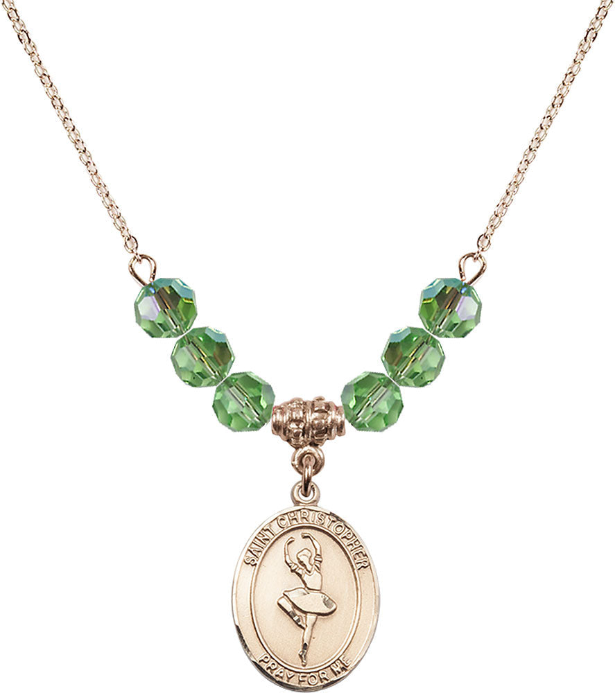 14kt Gold Filled Saint Christopher/Dance Birthstone Necklace with Peridot Beads - 8143