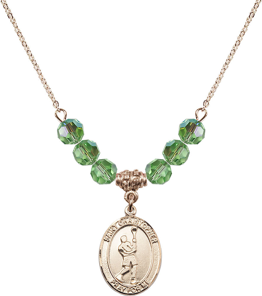 14kt Gold Filled Saint Christopher/Lacrosse Birthstone Necklace with Peridot Beads - 8144
