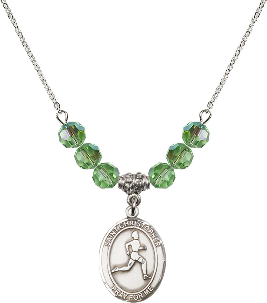 Sterling Silver Saint Christopher/Track & Field Birthstone Necklace with Peridot Beads - 8149