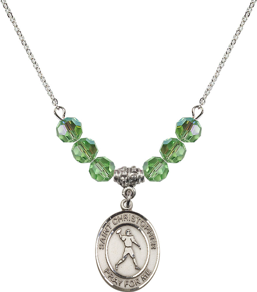 Sterling Silver Saint Christopher/Football Birthstone Necklace with Peridot Beads - 8151