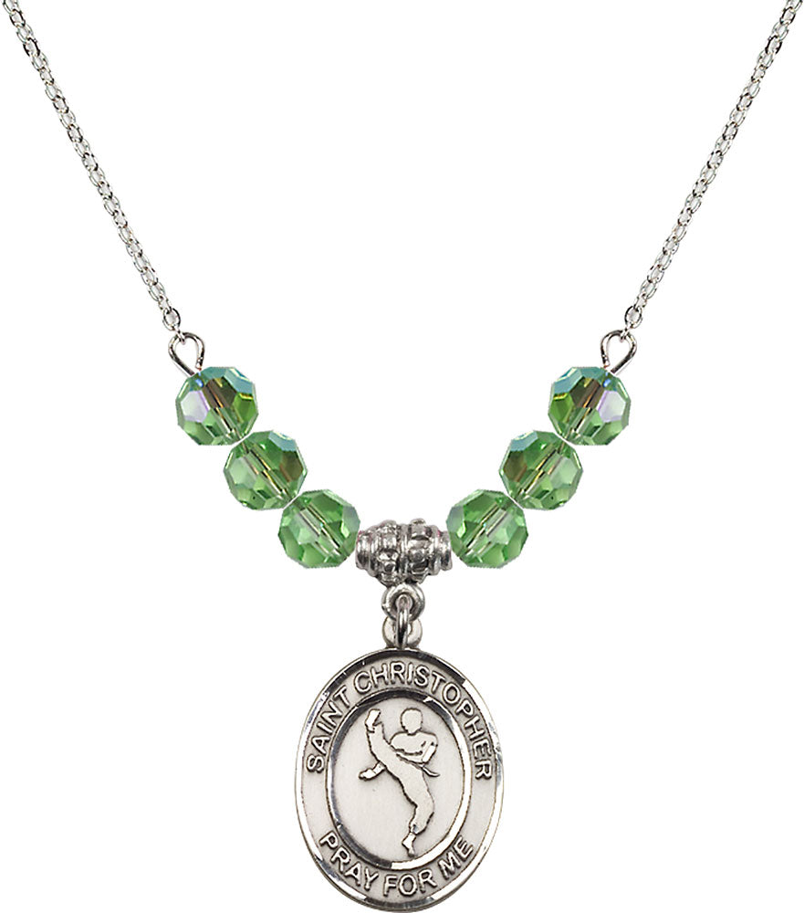 Sterling Silver Saint Christopher/Martial Arts Birthstone Necklace with Peridot Beads - 8158