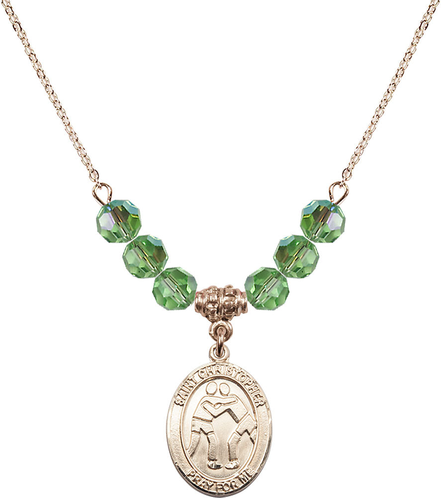 14kt Gold Filled Saint Christopher/Wrestling Birthstone Necklace with Peridot Beads - 8159