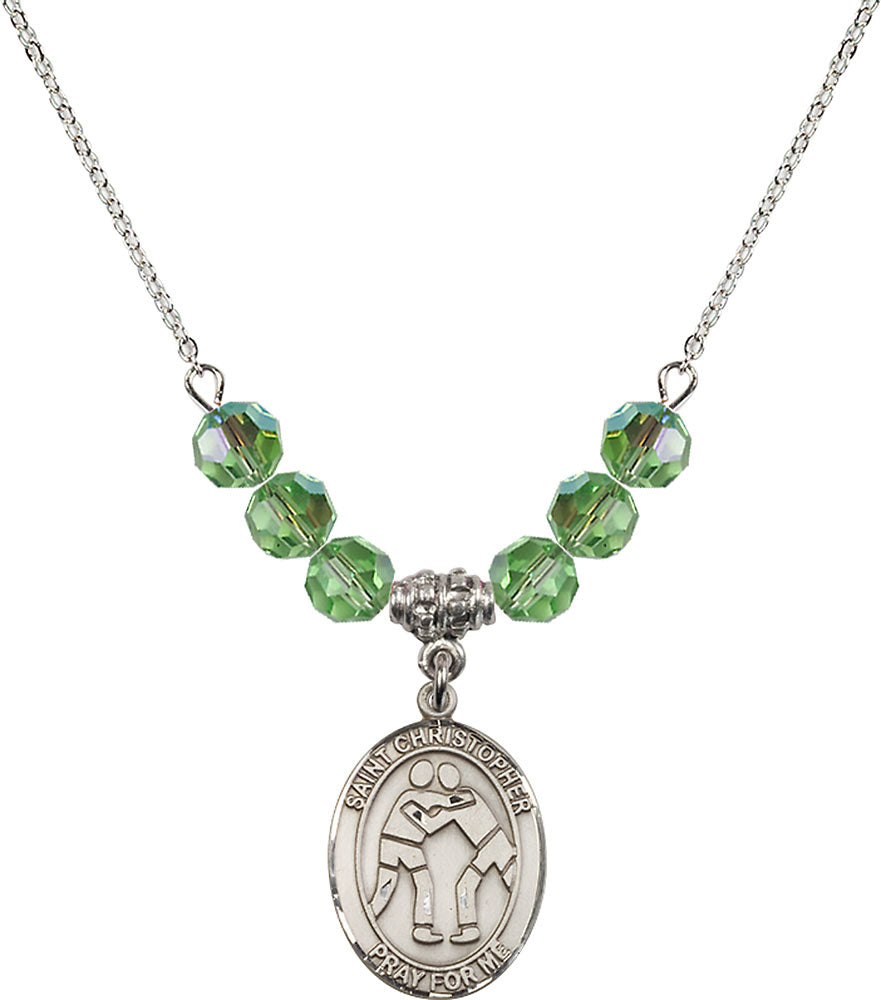 Sterling Silver Saint Christopher/Wrestling Birthstone Necklace with Peridot Beads - 8159