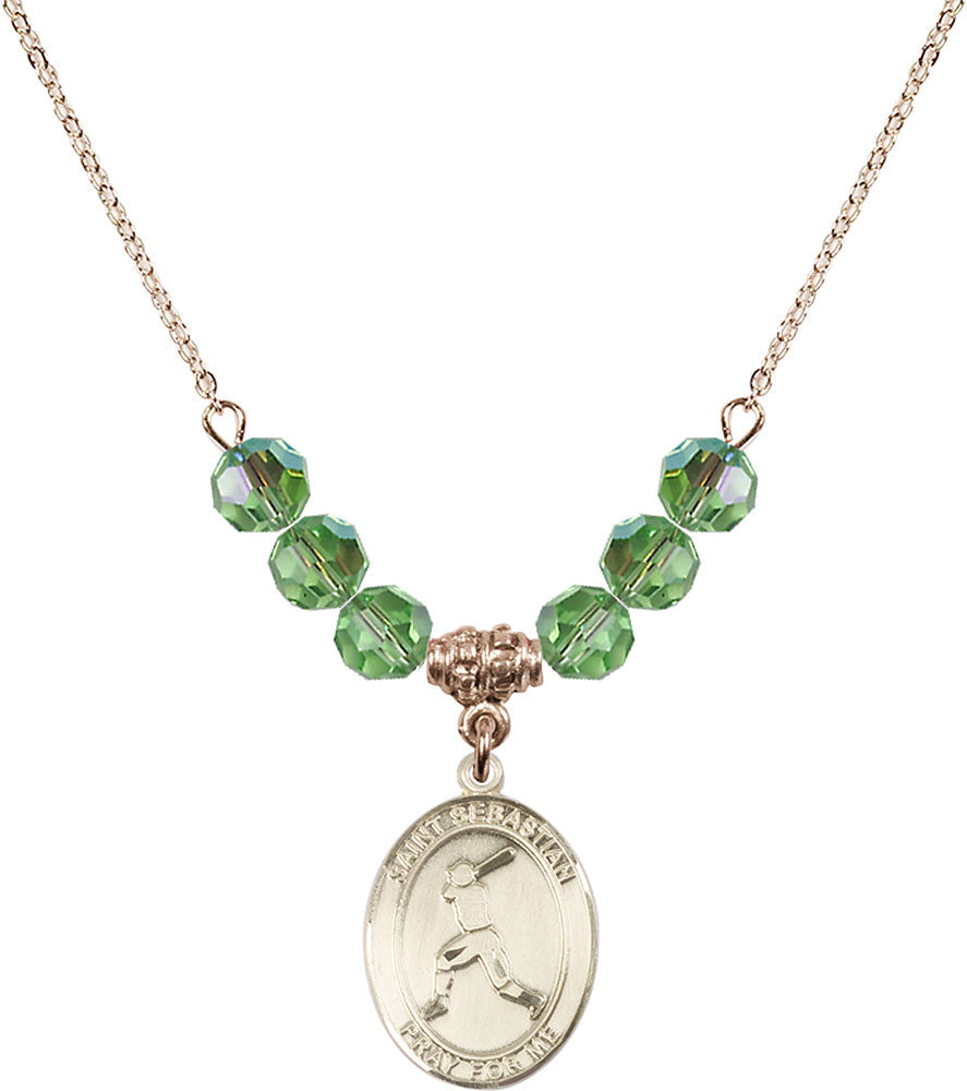 14kt Gold Filled Saint Sebastian/Baseball Birthstone Necklace with Peridot Beads - 8160
