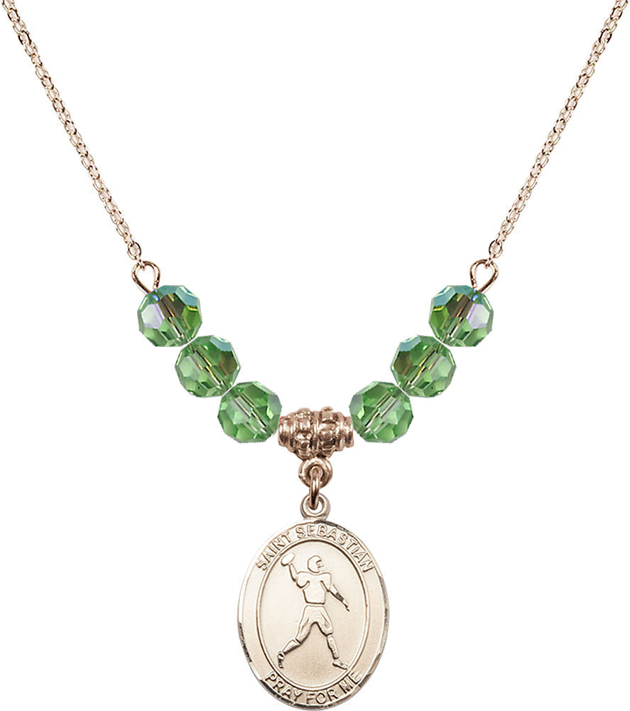 14kt Gold Filled Saint Sebastian/Football Birthstone Necklace with Peridot Beads - 8161