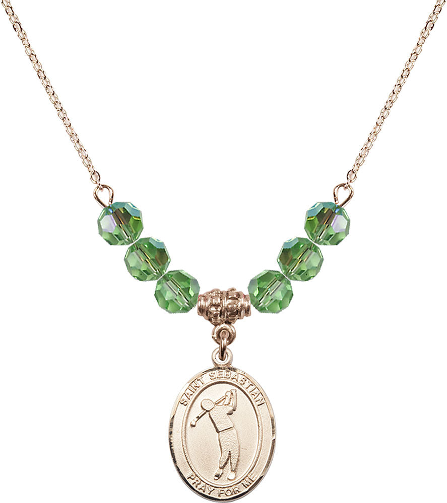 14kt Gold Filled Saint Sebastian/Golf Birthstone Necklace with Peridot Beads - 8162