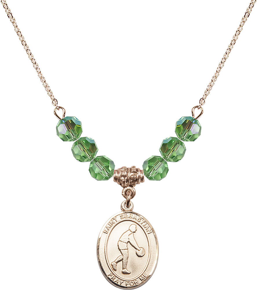 14kt Gold Filled Saint Sebastian/Basketball Birthstone Necklace with Peridot Beads - 8163