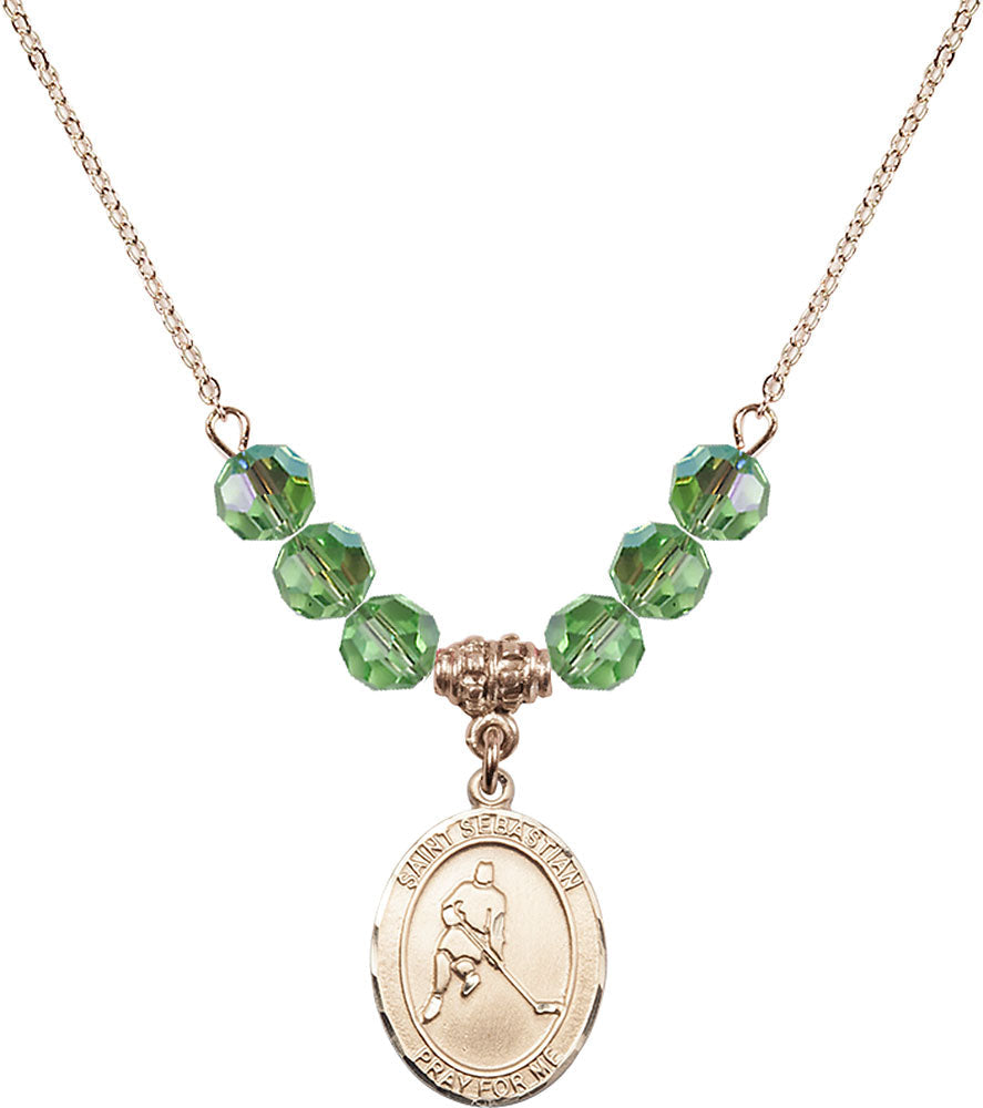 14kt Gold Filled Saint Sebastian/Ice Hockey Birthstone Necklace with Peridot Beads - 8165