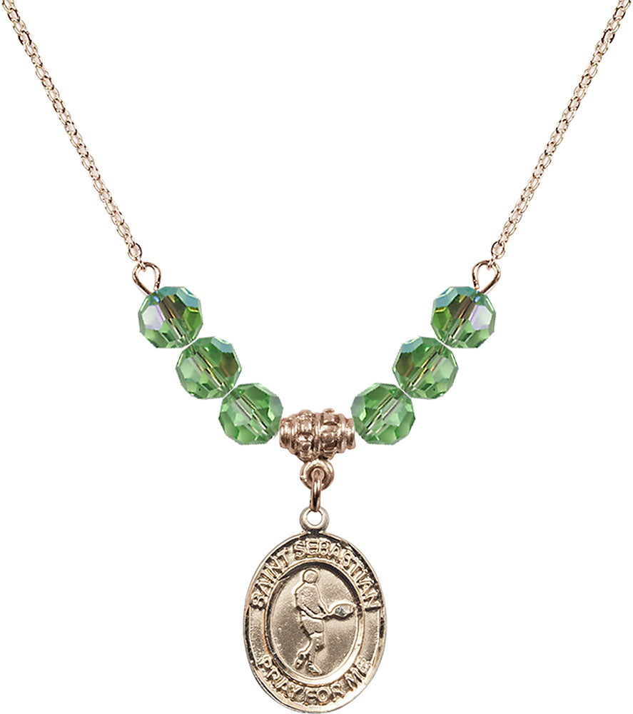 14kt Gold Filled Saint Sebastian/Tennis Birthstone Necklace with Peridot Beads - 8166
