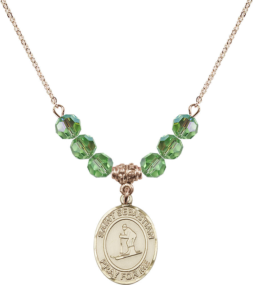 14kt Gold Filled Saint Sebastian/Skiing Birthstone Necklace with Peridot Beads - 8169