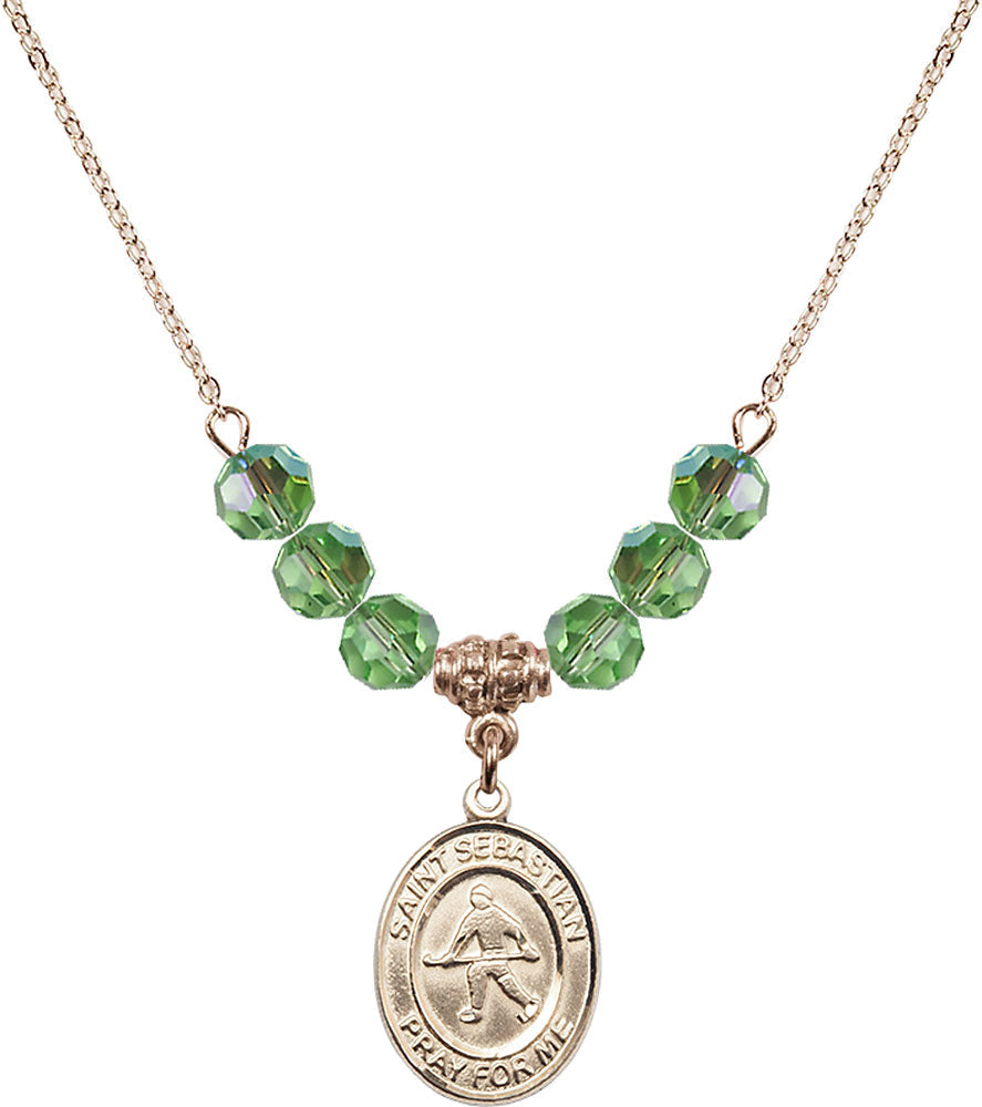 14kt Gold Filled Saint Sebastian/Field Hockey Birthstone Necklace with Peridot Beads - 8178