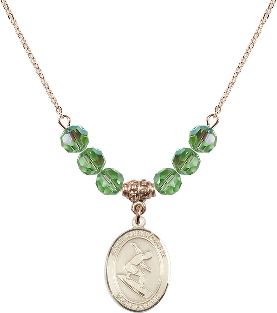 14kt Gold Filled Saint Christopher/Surfing Birthstone Necklace with Peridot Beads - 8184