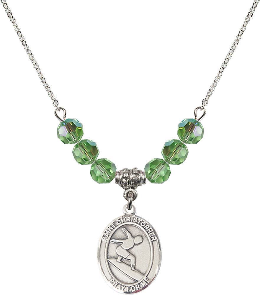 Sterling Silver Saint Christopher/Surfing Birthstone Necklace with Peridot Beads - 8184