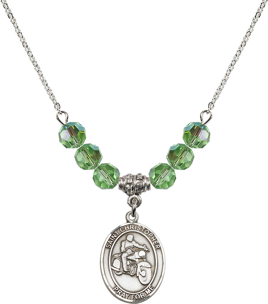 Sterling Silver Saint Christopher/Motorcycle Birthstone Necklace with Peridot Beads - 8185