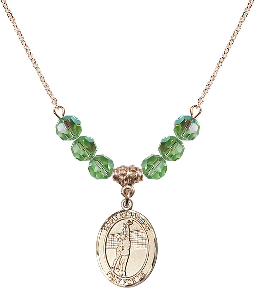 14kt Gold Filled Saint Sebastian / Volleyball Birthstone Necklace with Peridot Beads - 8186