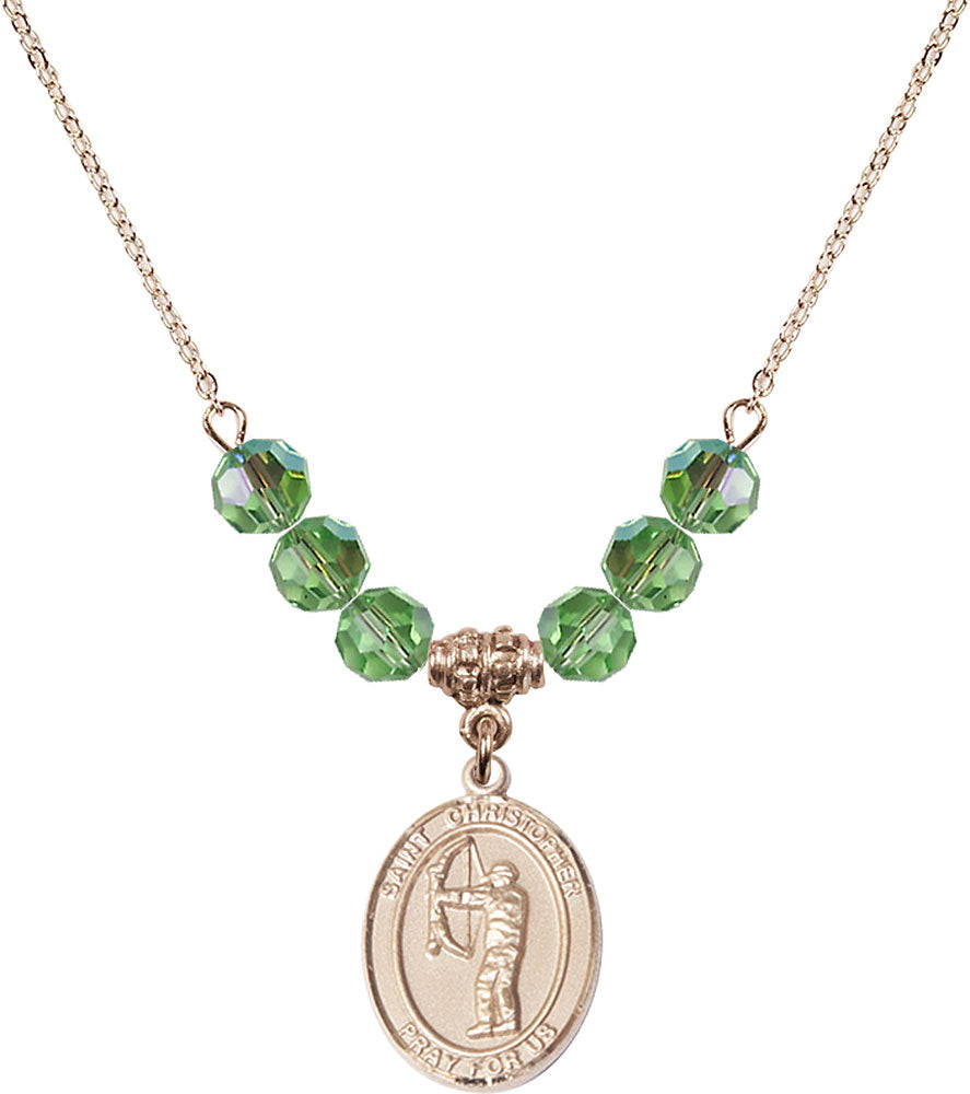 14kt Gold Filled Saint Christopher/Archery Birthstone Necklace with Peridot Beads - 8190