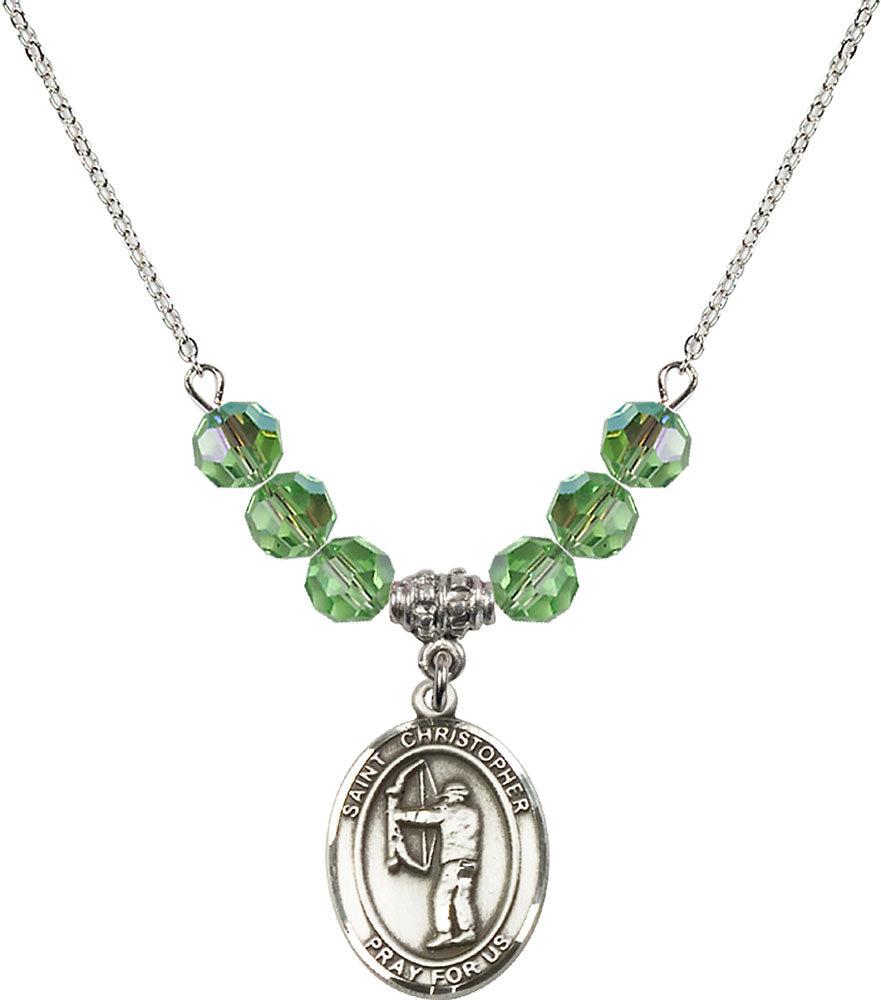 Sterling Silver Saint Christopher/Archery Birthstone Necklace with Peridot Beads - 8190