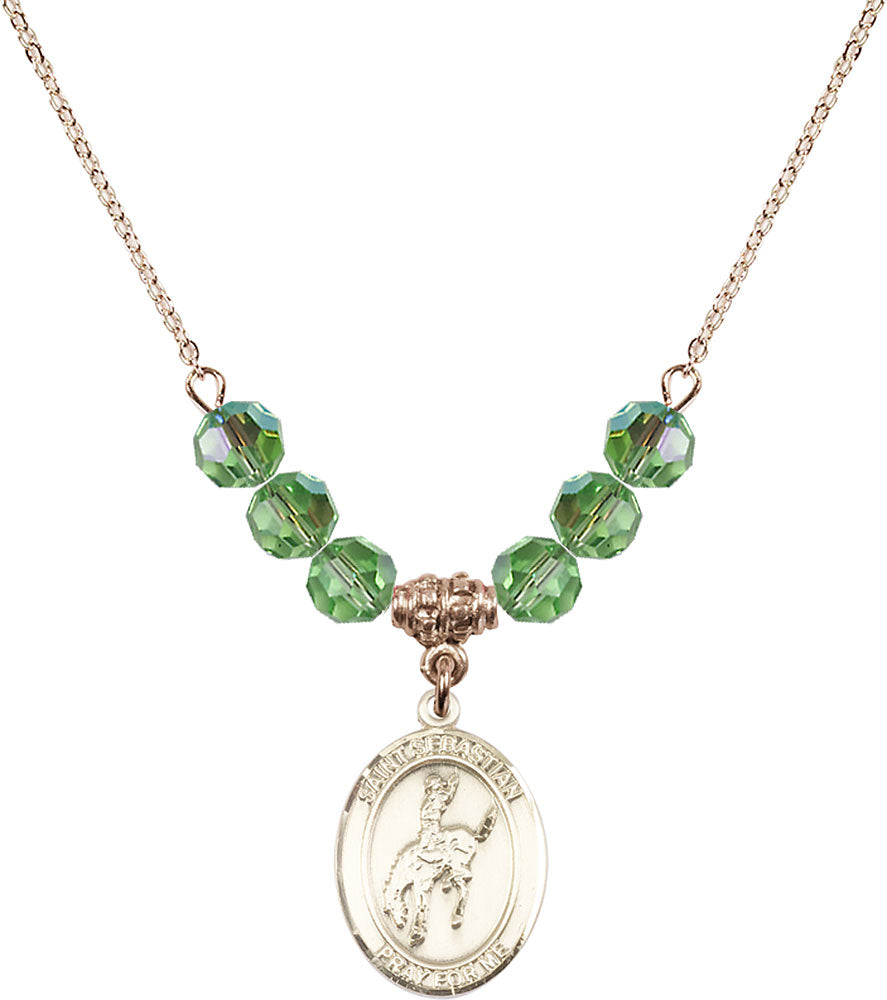 14kt Gold Filled Saint Sebastian / Rodeo Birthstone Necklace with Peridot Beads - 8191