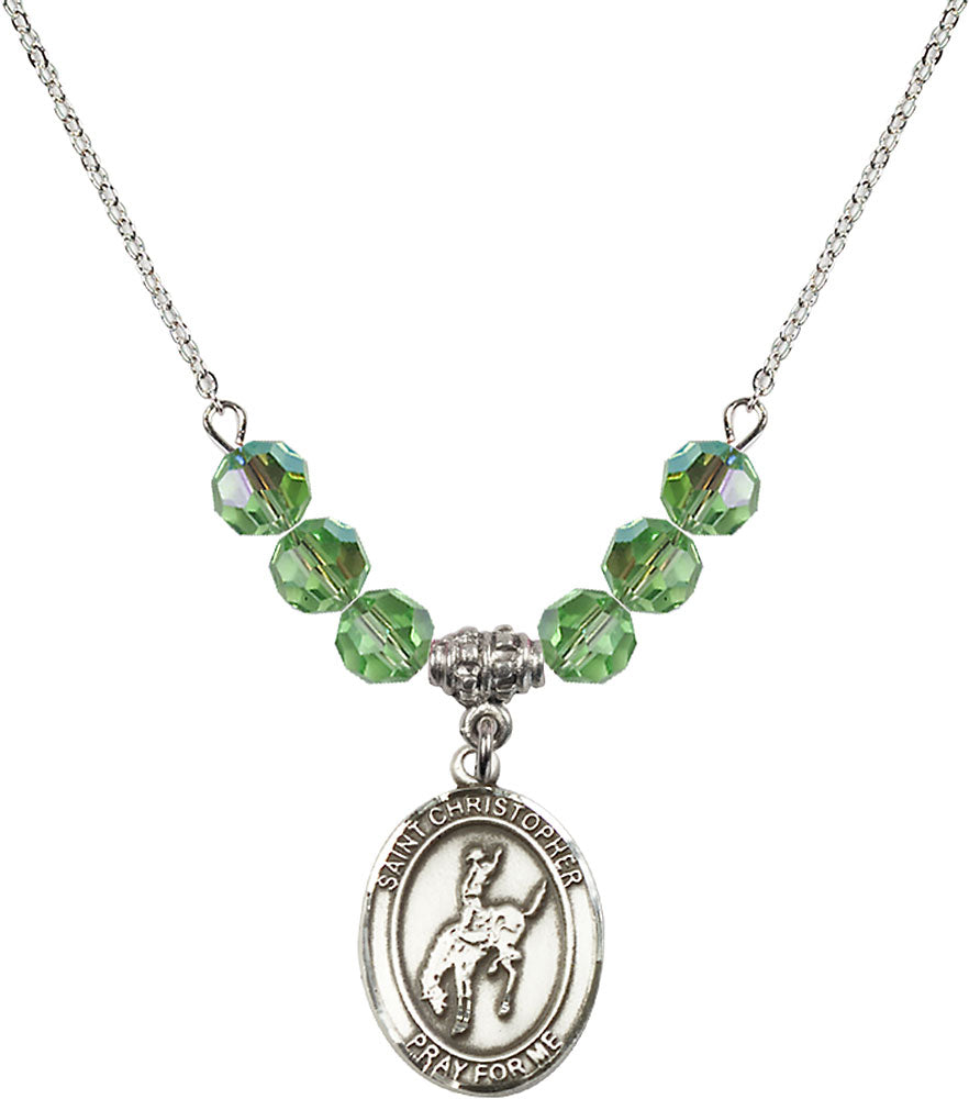 Sterling Silver Saint Christopher / Rodeo Birthstone Necklace with Peridot Beads - 8192