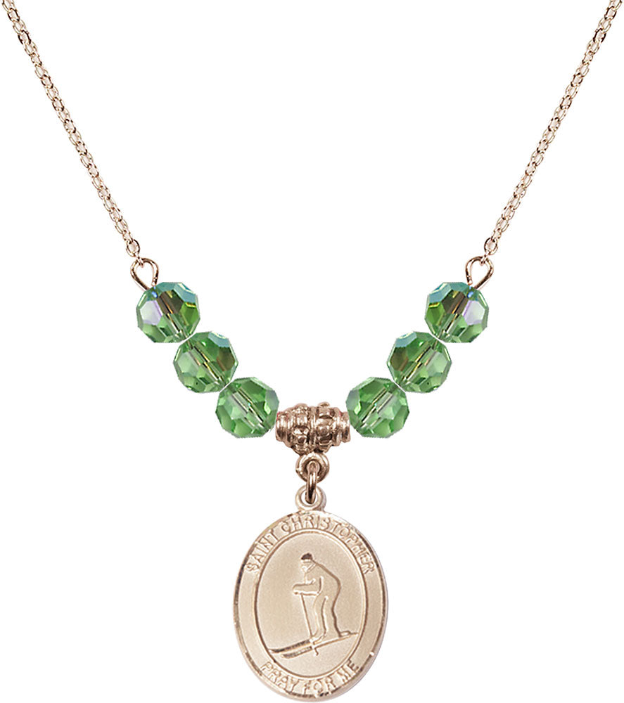 14kt Gold Filled Saint Christopher / Skiing Birthstone Necklace with Peridot Beads - 8193