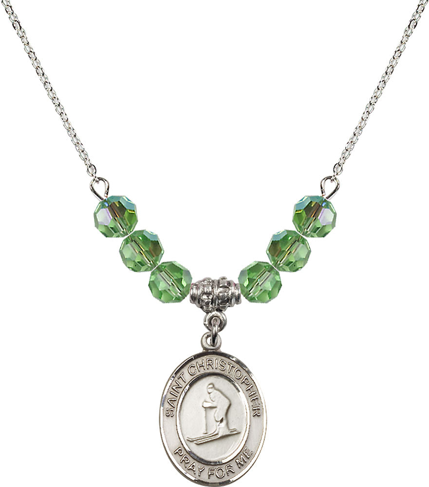 Sterling Silver Saint Christopher / Skiing Birthstone Necklace with Peridot Beads - 8193