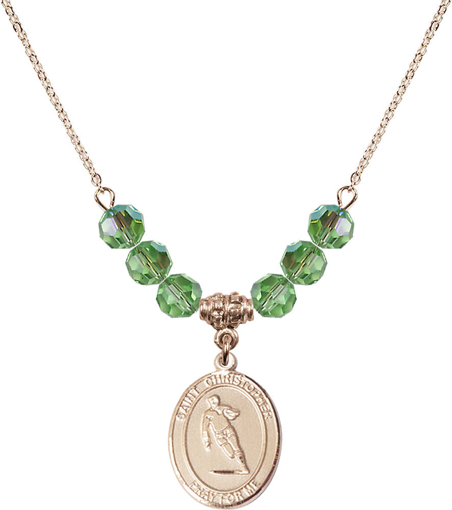 14kt Gold Filled Saint Christopher / Rugby Birthstone Necklace with Peridot Beads - 8194