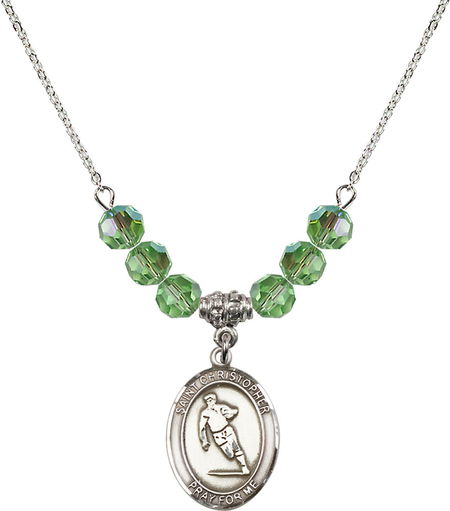 Sterling Silver Saint Christopher / Rugby Birthstone Necklace with Peridot Beads - 8194