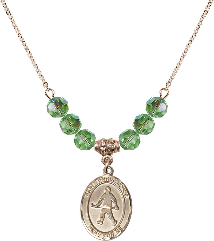 14kt Gold Filled Saint Christopher / Field Hockey Birthstone Necklace with Peridot Beads - 8195