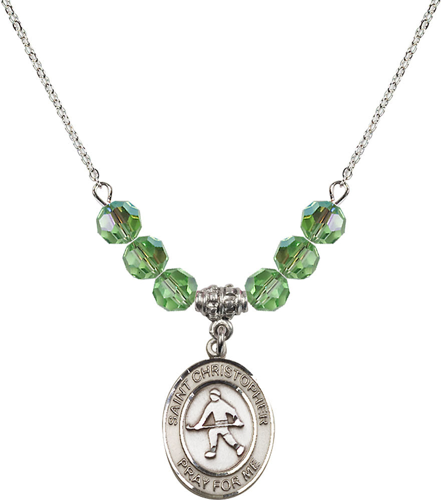 Sterling Silver Saint Christopher / Field Hockey Birthstone Necklace with Peridot Beads - 8195