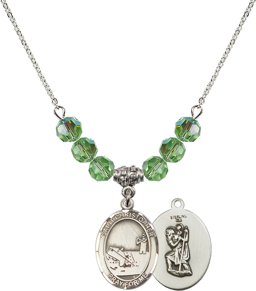 Sterling Silver Saint Christopher / Fishing Birthstone Necklace with Peridot Beads - 8196