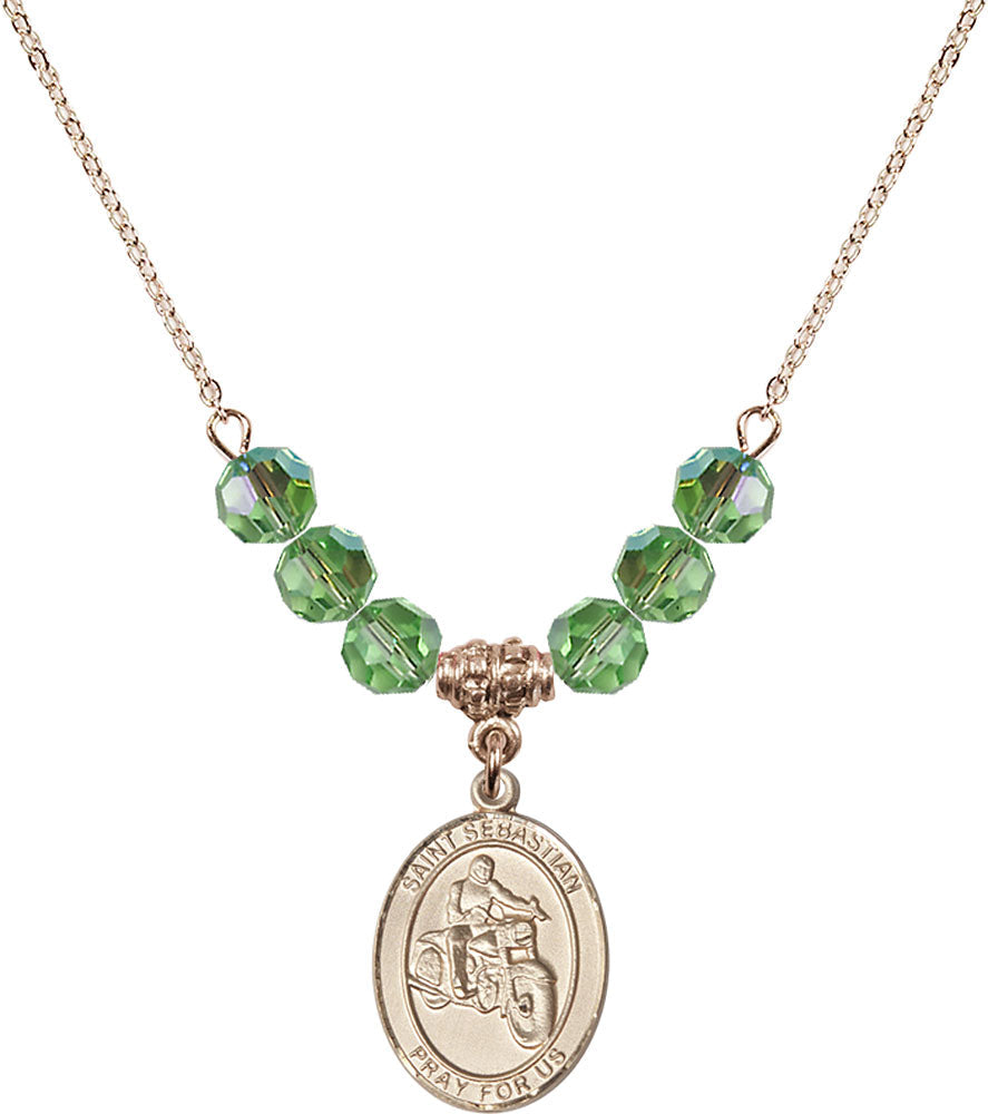 14kt Gold Filled Saint Sebastian / Motorcycle Birthstone Necklace with Peridot Beads - 8197