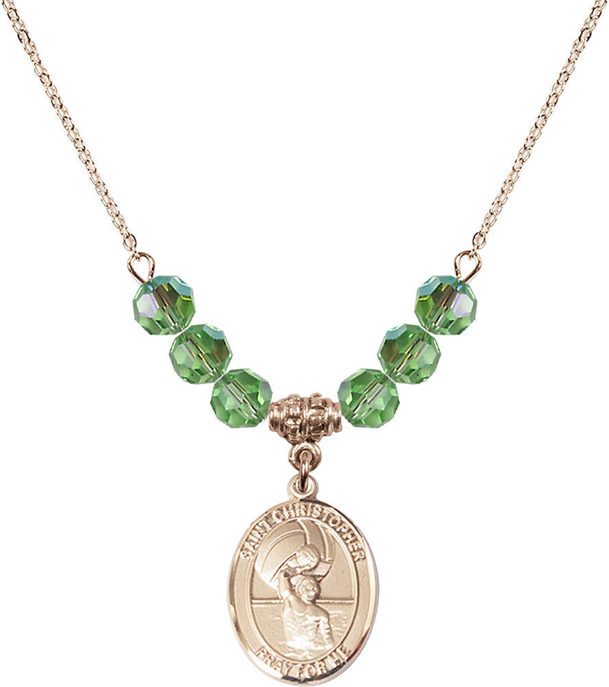 14kt Gold Filled Saint Christopher/Water Polo-Men Birthstone Necklace with Peridot Beads - 8198