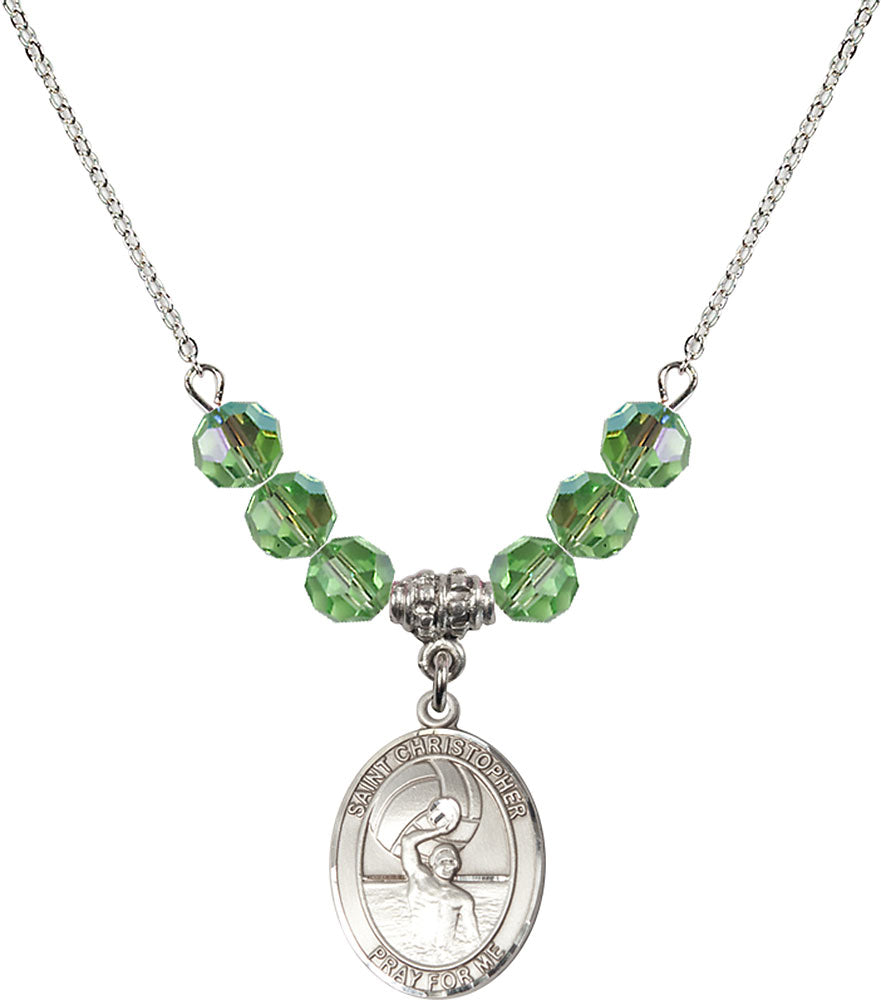 Sterling Silver Saint Christopher/Water Polo-Men Birthstone Necklace with Peridot Beads - 8198