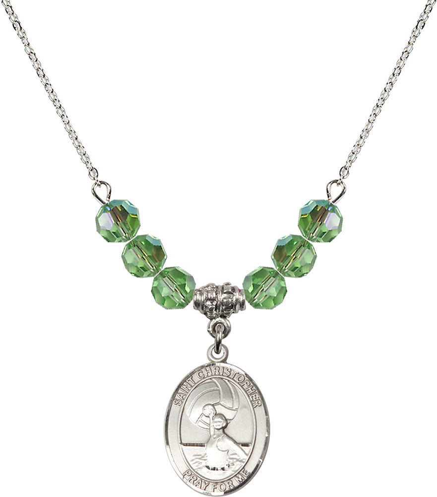Sterling Silver Saint Christopher/Water Polo-Women Birthstone Necklace with Peridot Beads - 8199