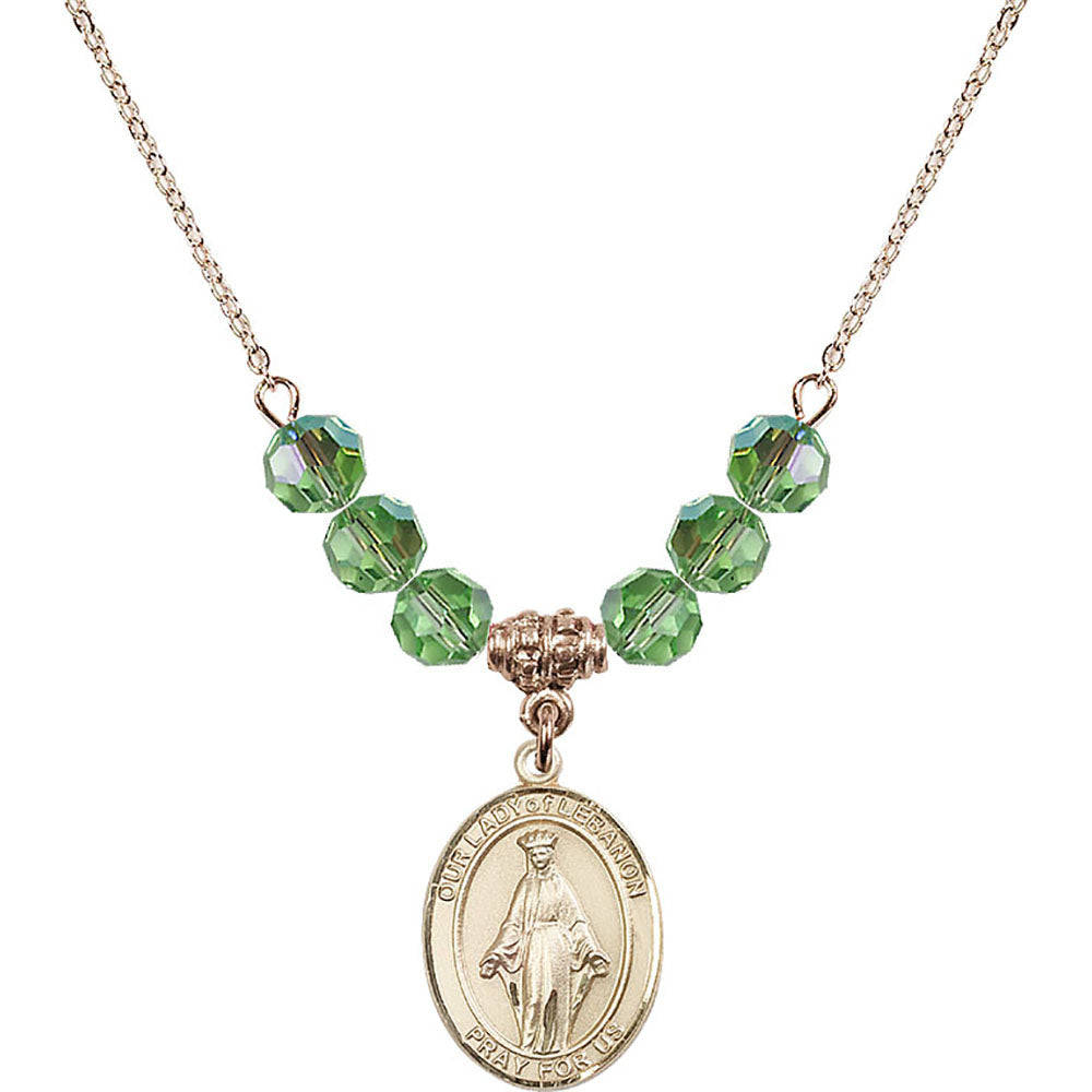 14kt Gold Filled Our Lady of Lebanon Birthstone Necklace with Peridot Beads - 8229